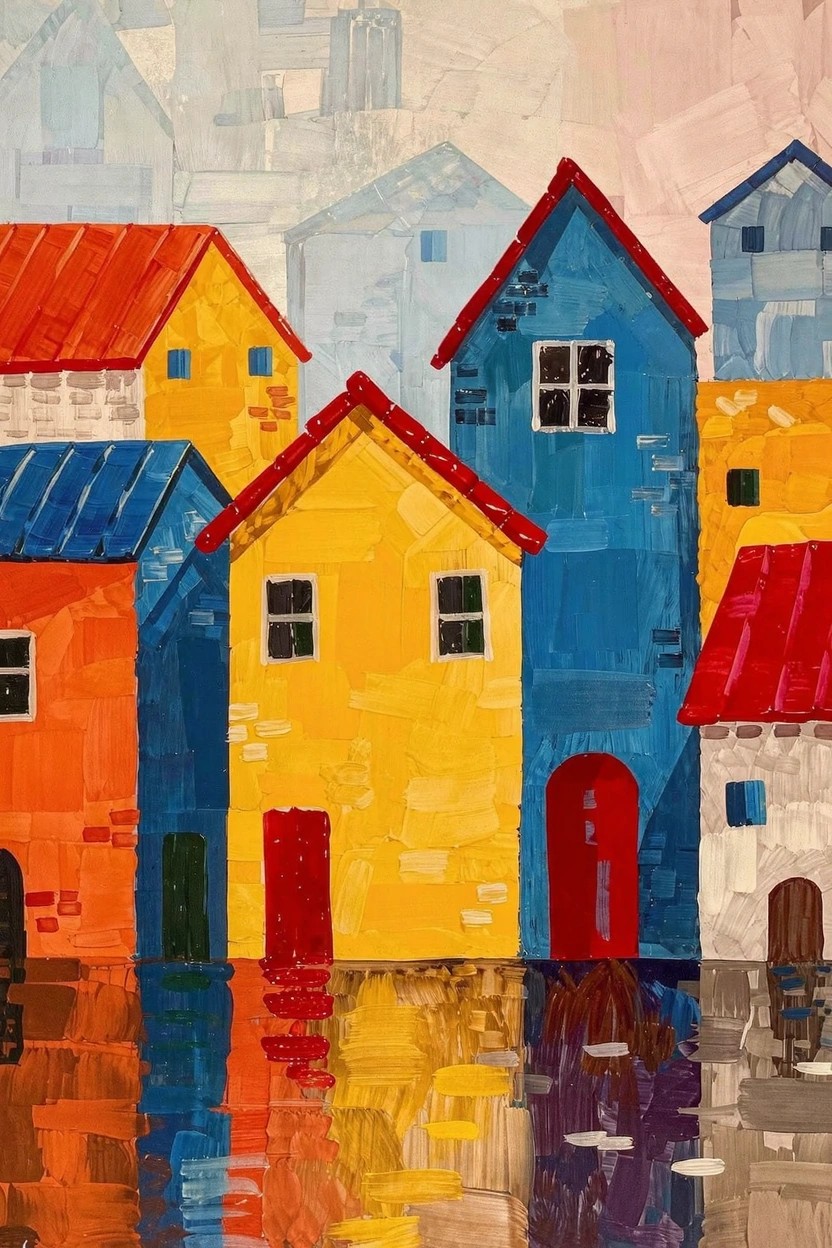 Colorful geometric houses in patchwork style with reflections in foreground water against a gradient sky.