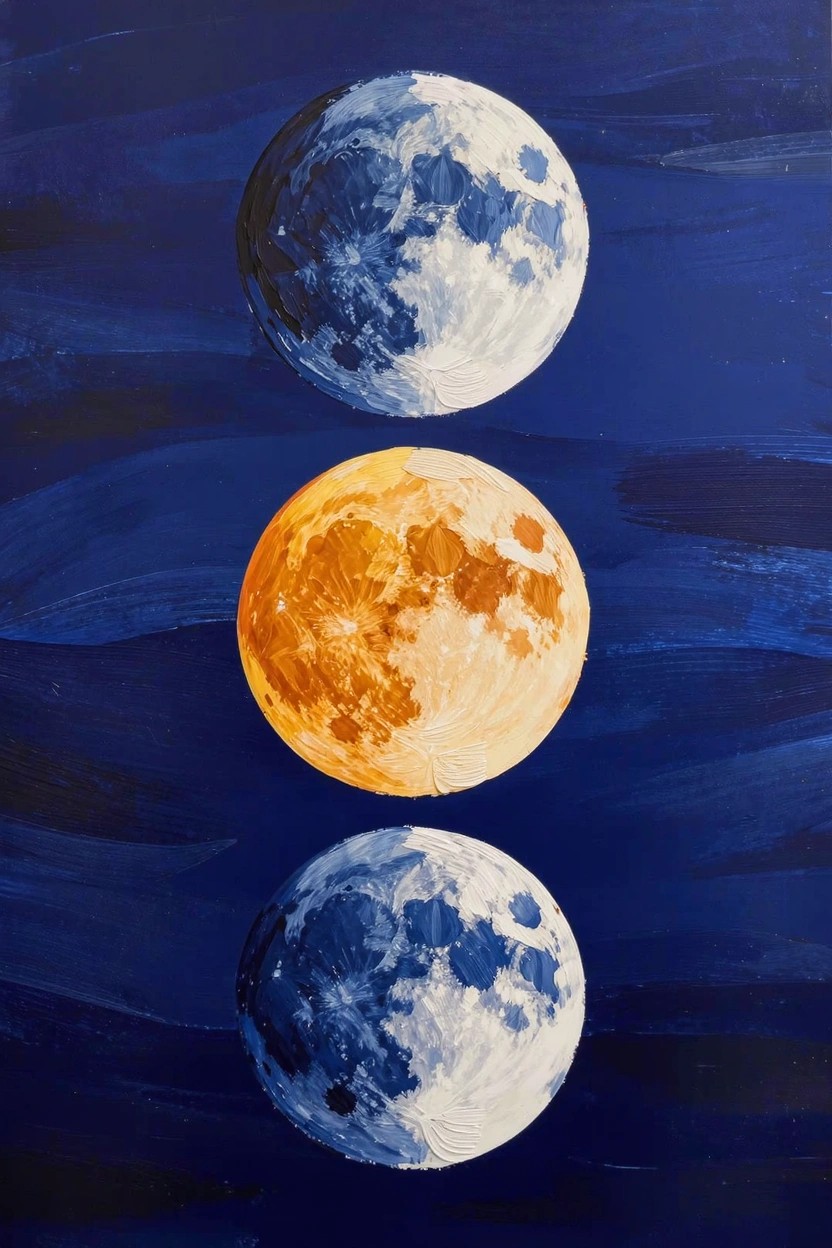 Three moons stacked vertically—two cool white with blue shading and one warm orange—on a dark blue wavy background.