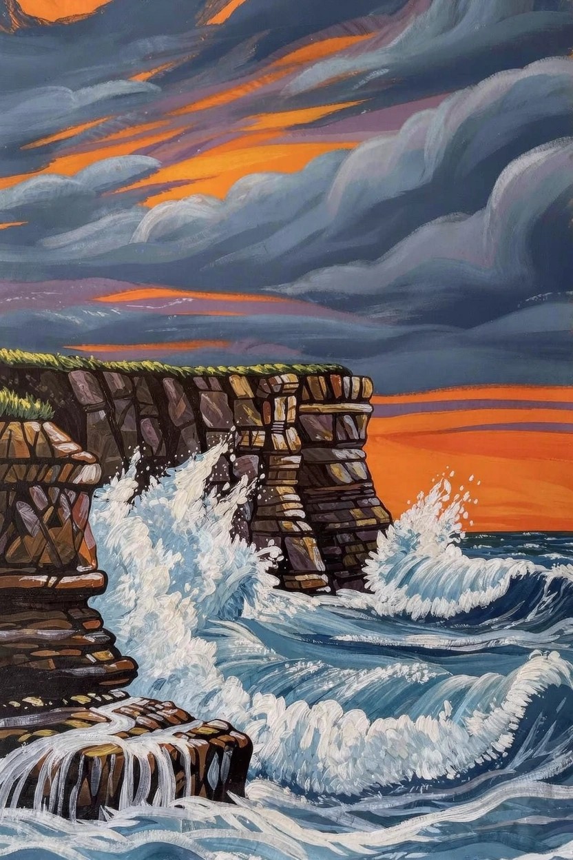 Acrylic painting of orange-purple stormy sunset sky over rugged brown cliffs with white crashing waves and ocean below.