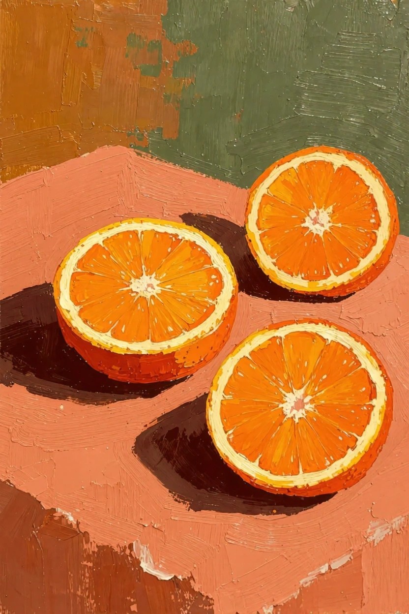 Acrylic painting of three halved oranges with textured brushstrokes on a reddish surface, shadowed against green and orange background.