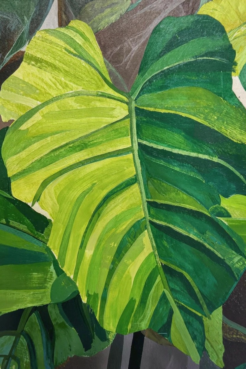 Acrylic painting of a large tropical leaf with yellow and green variegated stripes, prominent veins, and a dark background.