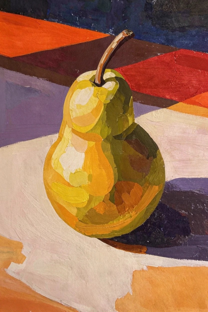 Acrylic painting of a yellow-green pear with stem and shadow on a colorful checkered tablecloth background.