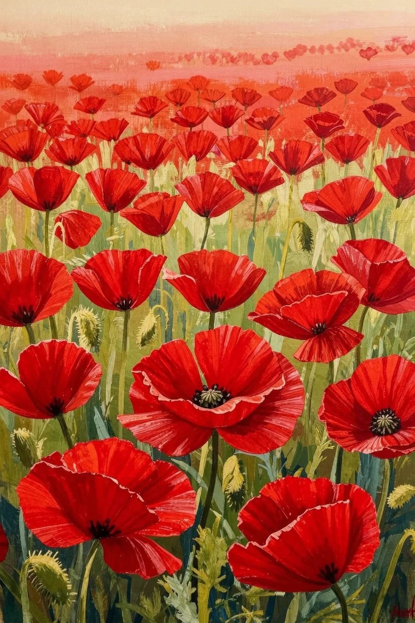 Acrylic painting of red poppies filling a field with green stems, leaves, and a gradient pinkish-yellow sky background.