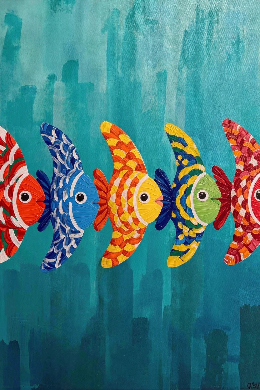 Row of five colorful patterned fish arching left to right on a textured teal background.
