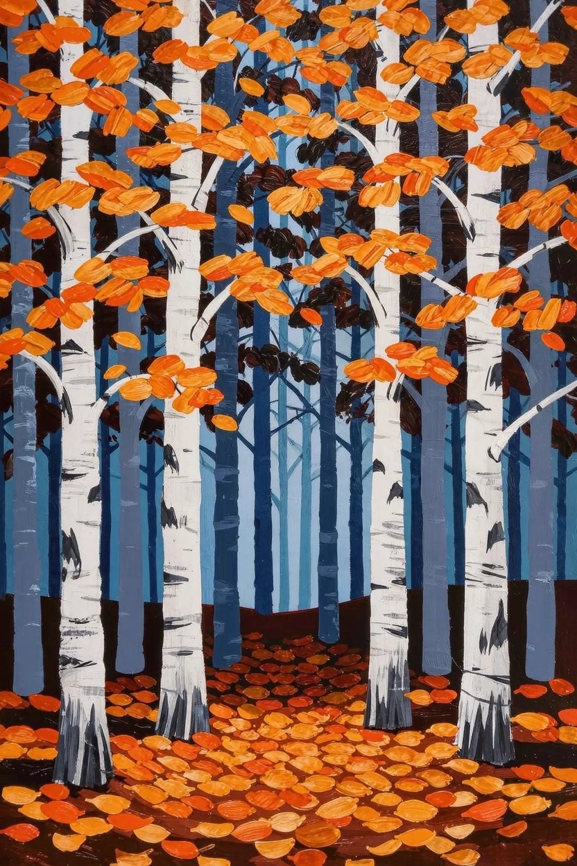 Vertical acrylic painting of white birch trees with black bark stripes and orange fall leaves on branches and ground, against a blue forest background with a central path.