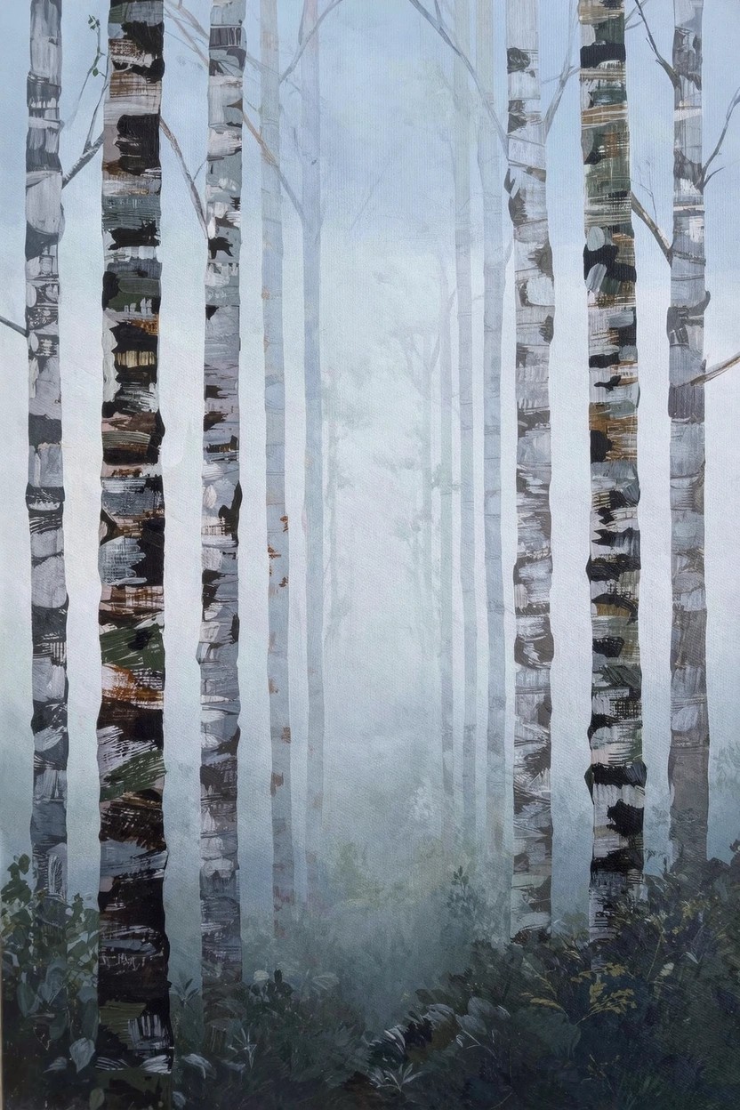 Acrylic painting of clustered tall birch trees with white bark and black markings in a foggy forest.