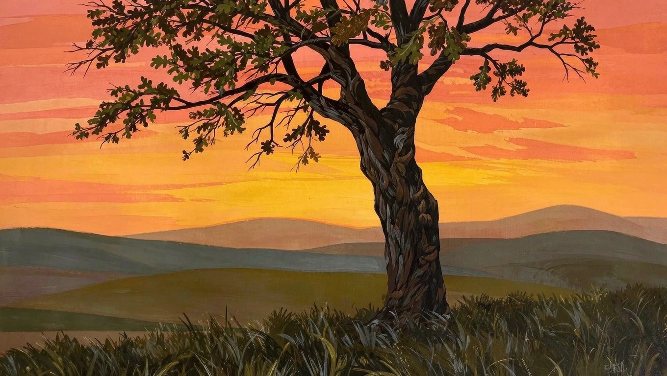 Acrylic painting of a lone green tree with gnarled trunk and branches in front of golden fields and hills under an orange sunset sky.