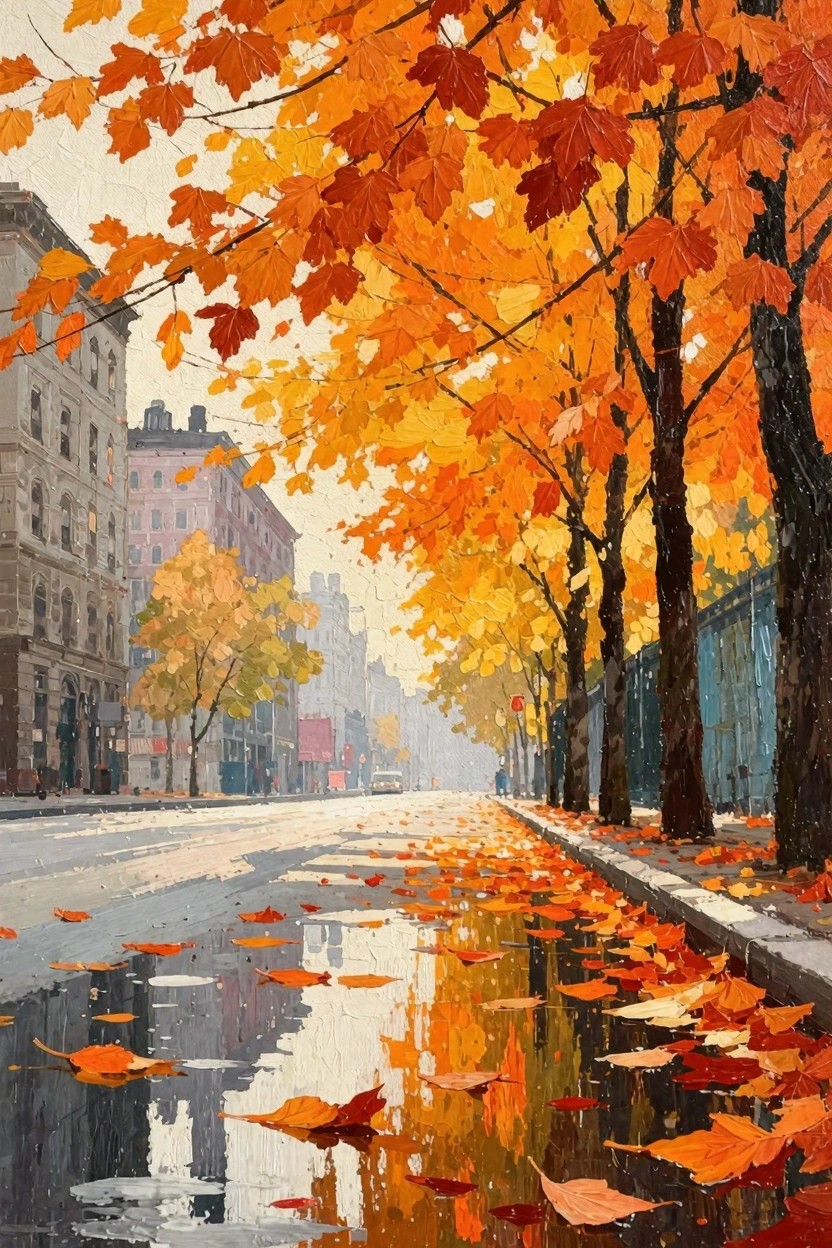 Orange maple trees line a wet street with leaf reflections in puddles, old buildings in the background under golden light.