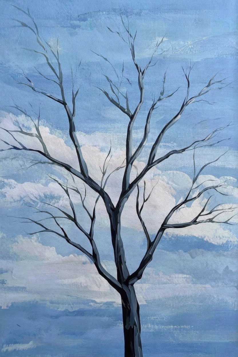 Acrylic painting of a dark bare tree with branching limbs against a blue sky with white clouds.