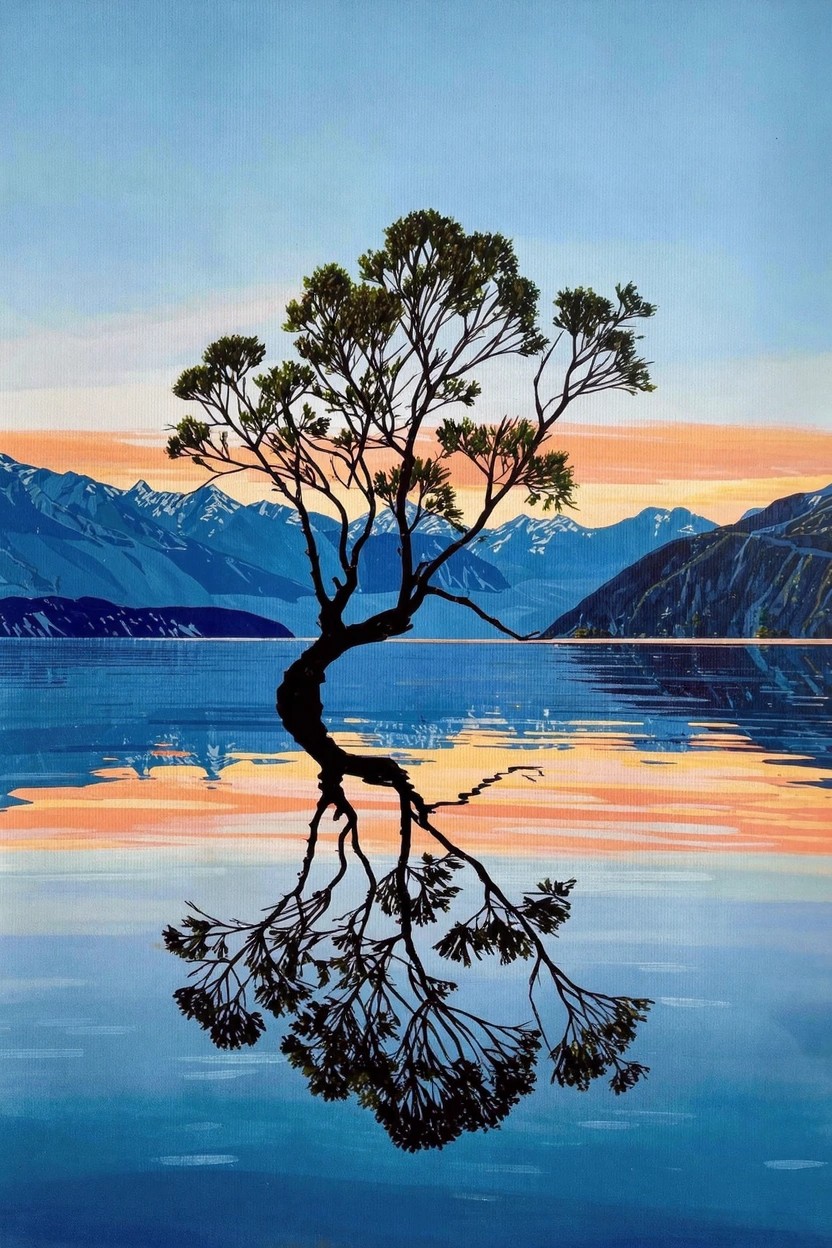 Acrylic painting of a dark silhouetted tree reflected in a calm lake at sunset with mountains in the background.