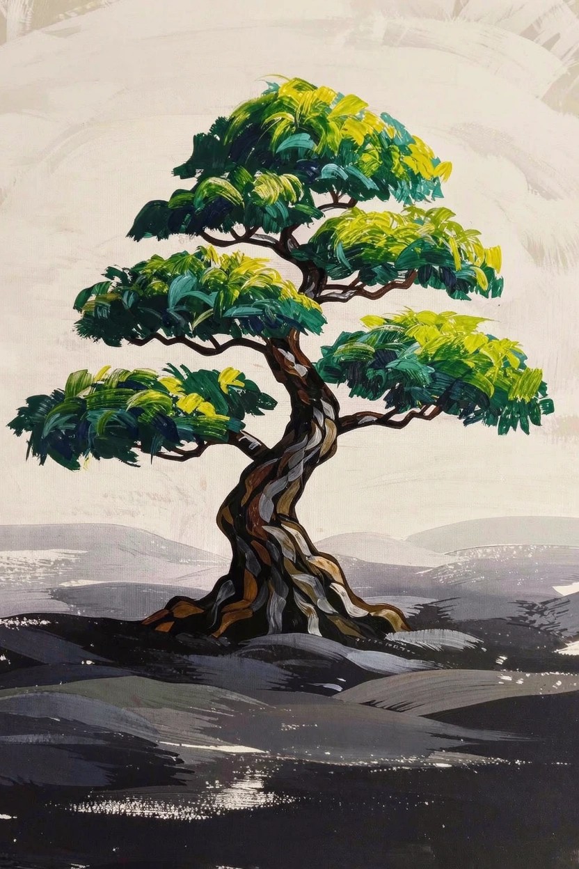 Acrylic painting of a stylized green bonsai tree with twisted brown trunk on abstract gray rocky base and misty background.