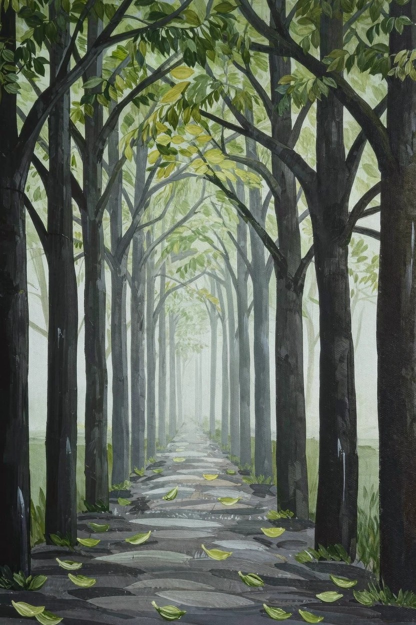 Acrylic painting of tall trees forming an alley over a misty path scattered with yellow and green fallen leaves.