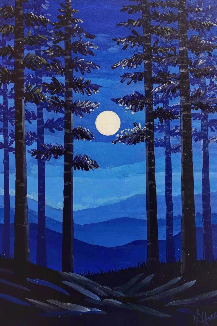 Acrylic painting of dark silhouetted pine trees framing a bright full moon in a deep blue night sky with distant layered mountains.