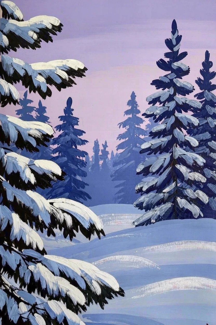 Acrylic painting of snow-covered pine trees framing a snowy path under a purple twilight sky.