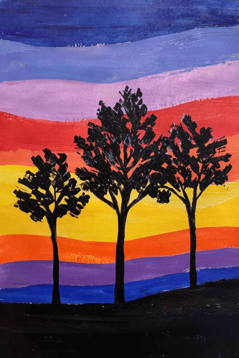 Acrylic painting of three black silhouetted trees against horizontal stripes of purple, pink, orange, yellow, and blue sunset sky on black ground.