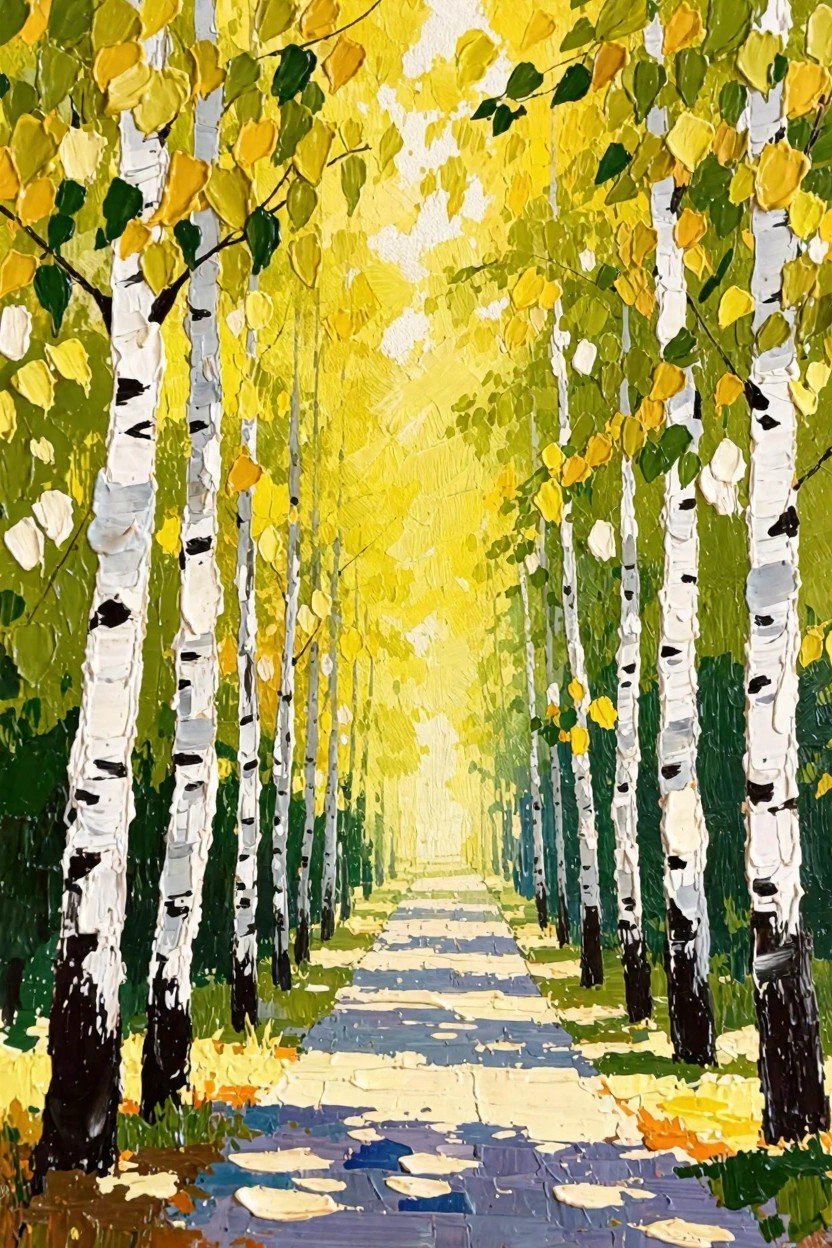 Acrylic painting of a sunlit path lined by birch trees with yellow and green fall leaves and textured brushwork.