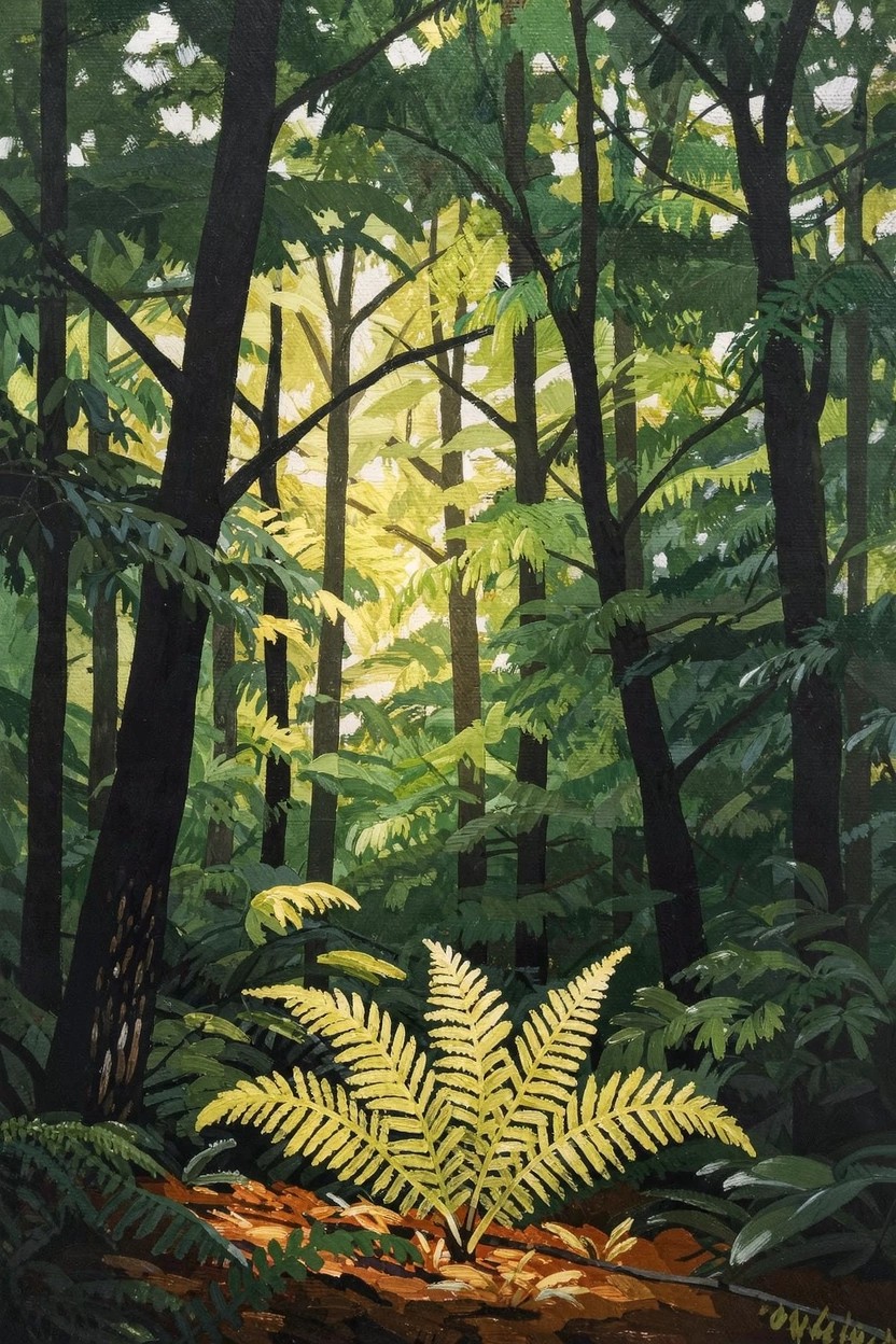 Acrylic painting of tall dark tree trunks in a green forest with sunlight filtering through leaves and a prominent yellow-green fern in the foreground on brown ground.