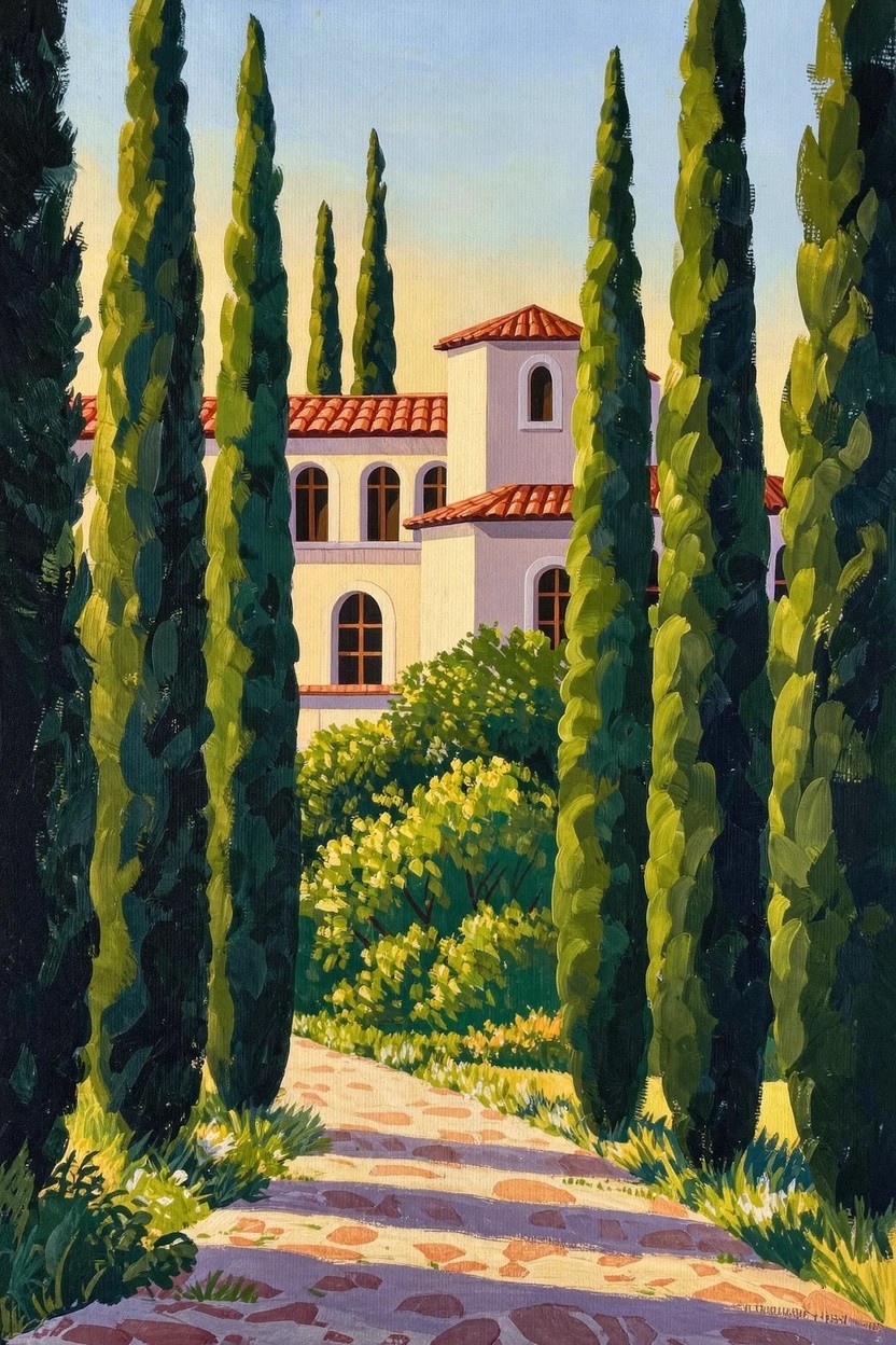 Acrylic painting of tall green cypress trees lining a stone path leading to a white Mediterranean-style villa with red tile roof and arched windows under a sunny blue sky.