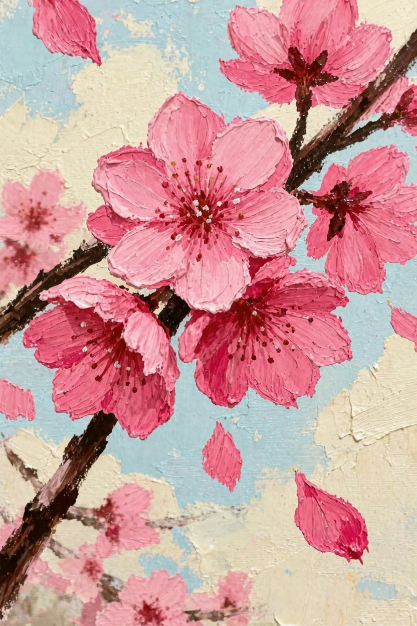 Acrylic painting of clustered pink cherry blossom flowers and branches on a textured blue and off-white sky background.
