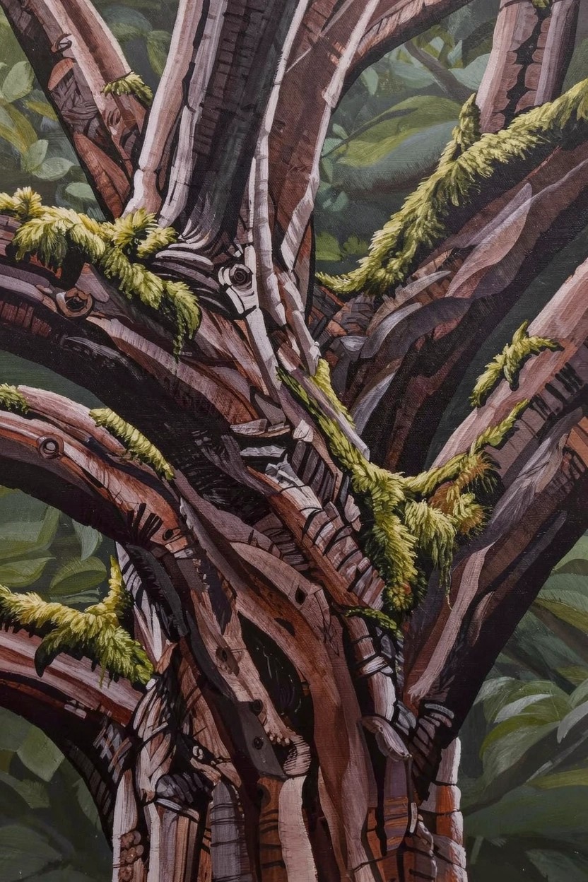Close-up acrylic painting of a reddish-brown tree trunk with textured bark, green moss clumps, and green foliage in the background.