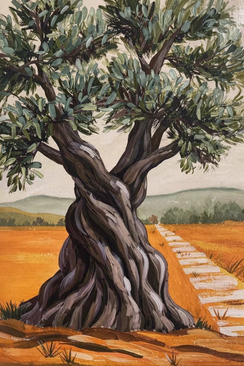 Acrylic painting of a large olive tree with twisted dark trunk in a golden field, white path, and green hills in background.
