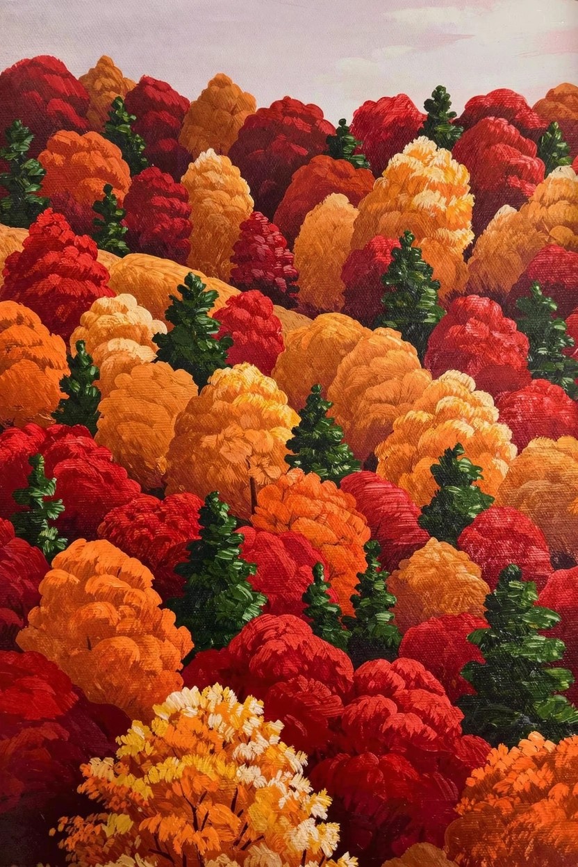 Acrylic painting of a hillside filled with orange, red, and yellow autumn trees mixed with green evergreens under a light sky.