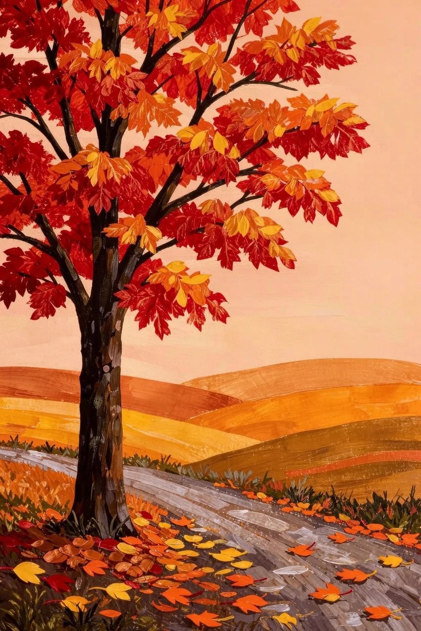 Acrylic painting of a red and orange maple tree next to a winding gray path through yellow and orange rolling hills under a pink-orange sky, with fallen leaves on the ground.