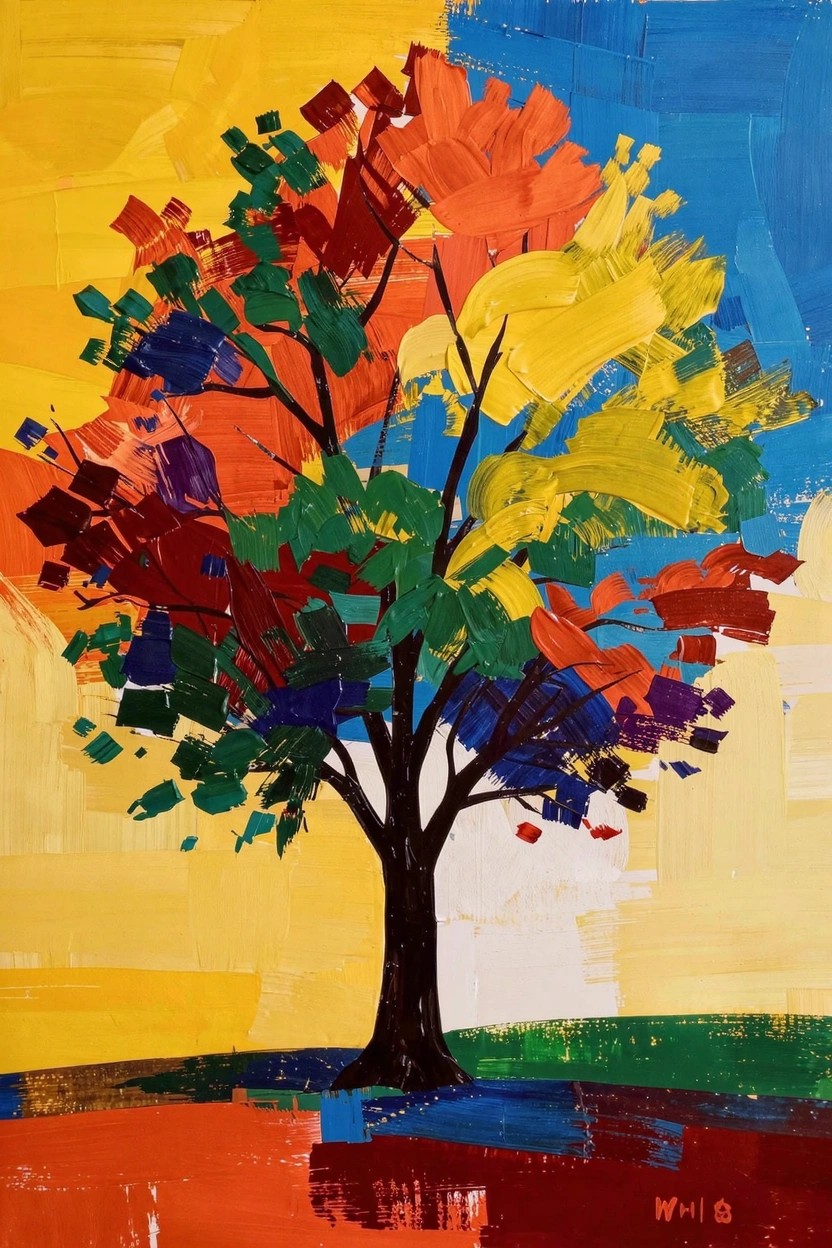 Abstract acrylic painting of a tree made from multicolored geometric color blocks on a yellow-orange background with green grass.