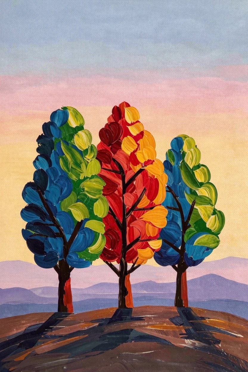 Acrylic painting of three tall stylized trees in blue, green, and red-orange against a pink sunset sky with purple hills and brown ground.
