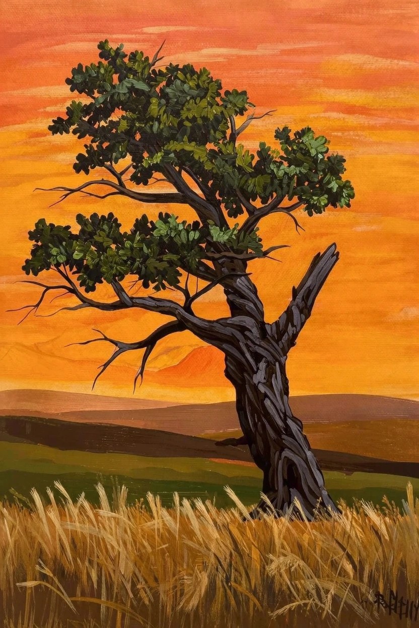 Acrylic painting of a lone green tree with gnarled trunk and branches in front of golden fields and hills under an orange sunset sky.