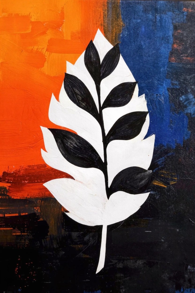 Acrylic painting featuring a white leaf silhouette with black veins on a canvas divided into orange and blue halves.