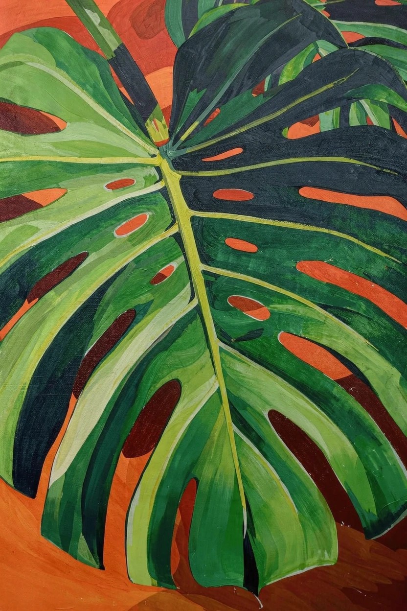 Acrylic painting of a large split Monstera leaf in greens and blacks against an orange background.
