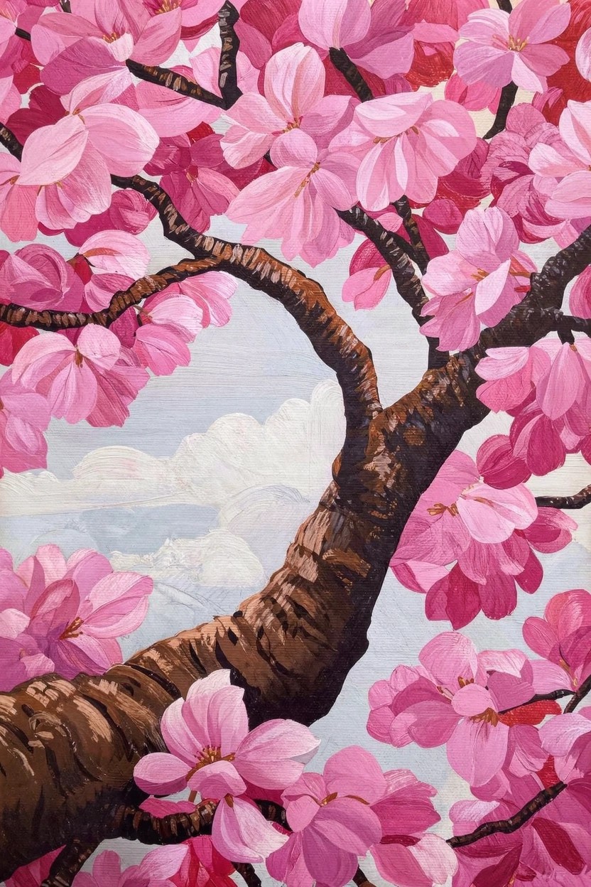 Acrylic painting of a cherry blossom tree branch filled with pink flowers arching over a cloudy blue sky with distant mountains.