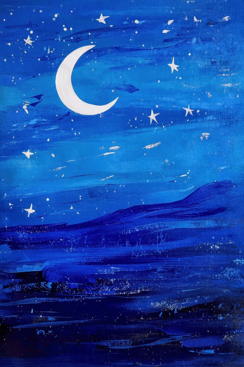 Abstract acrylic painting of a white crescent moon and stars on a deep blue background with swirling blue horizon lines at the bottom.