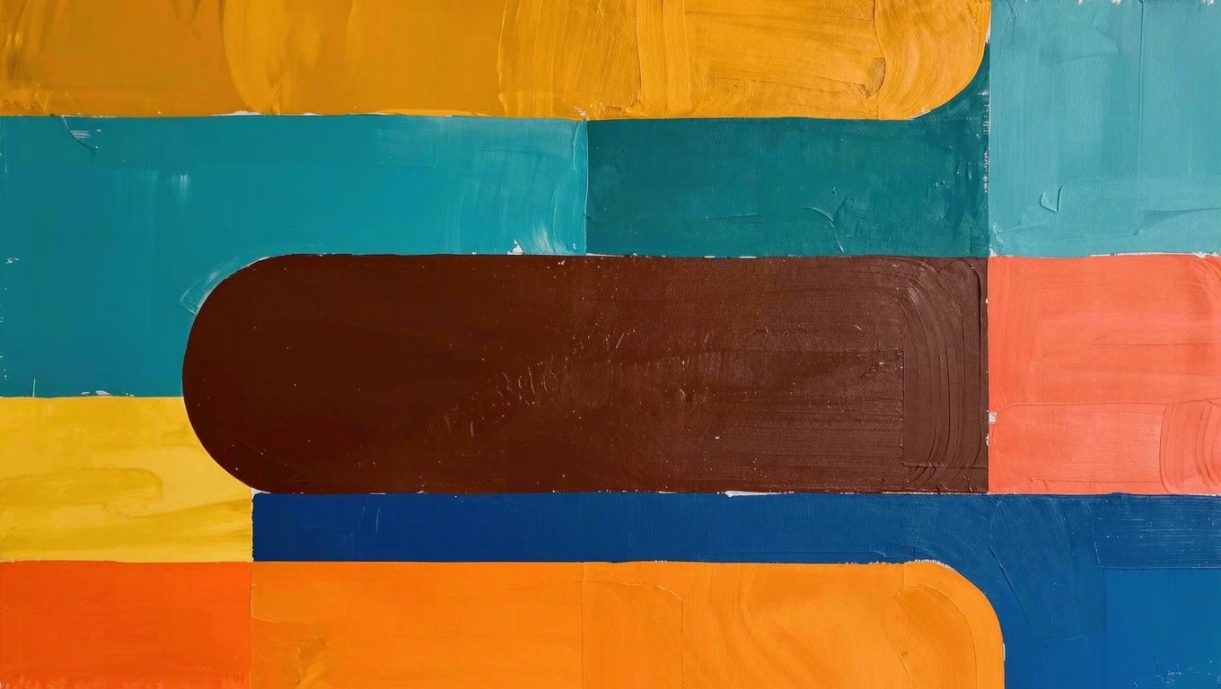 Abstract acrylic painting of overlapping geometric rectangles in yellow, orange, teal, green, brown, red, and pink.