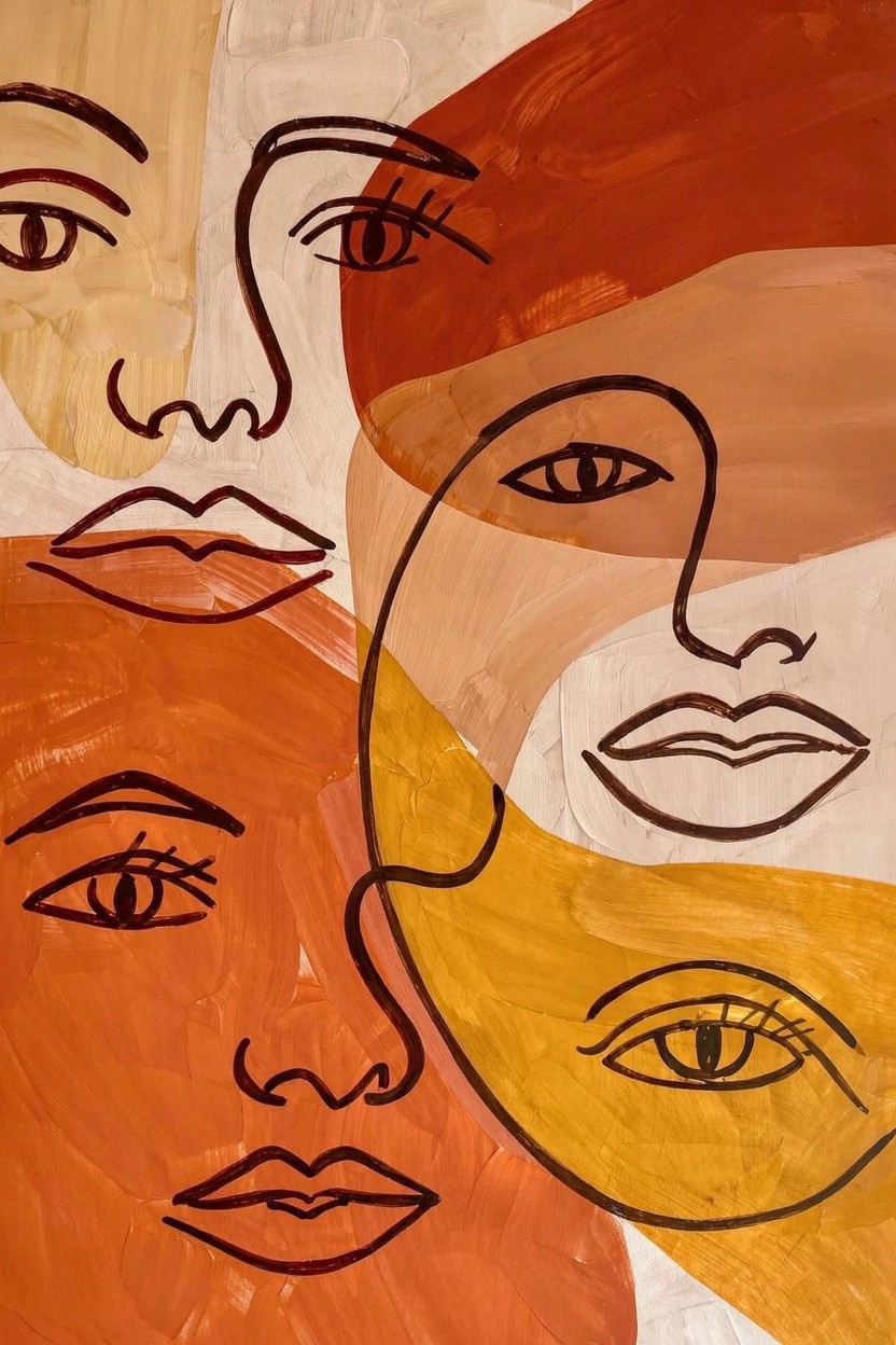 Abstract acrylic painting featuring four overlapping stylized female faces in warm beige, orange, yellow, and red tones with bold black outlines.