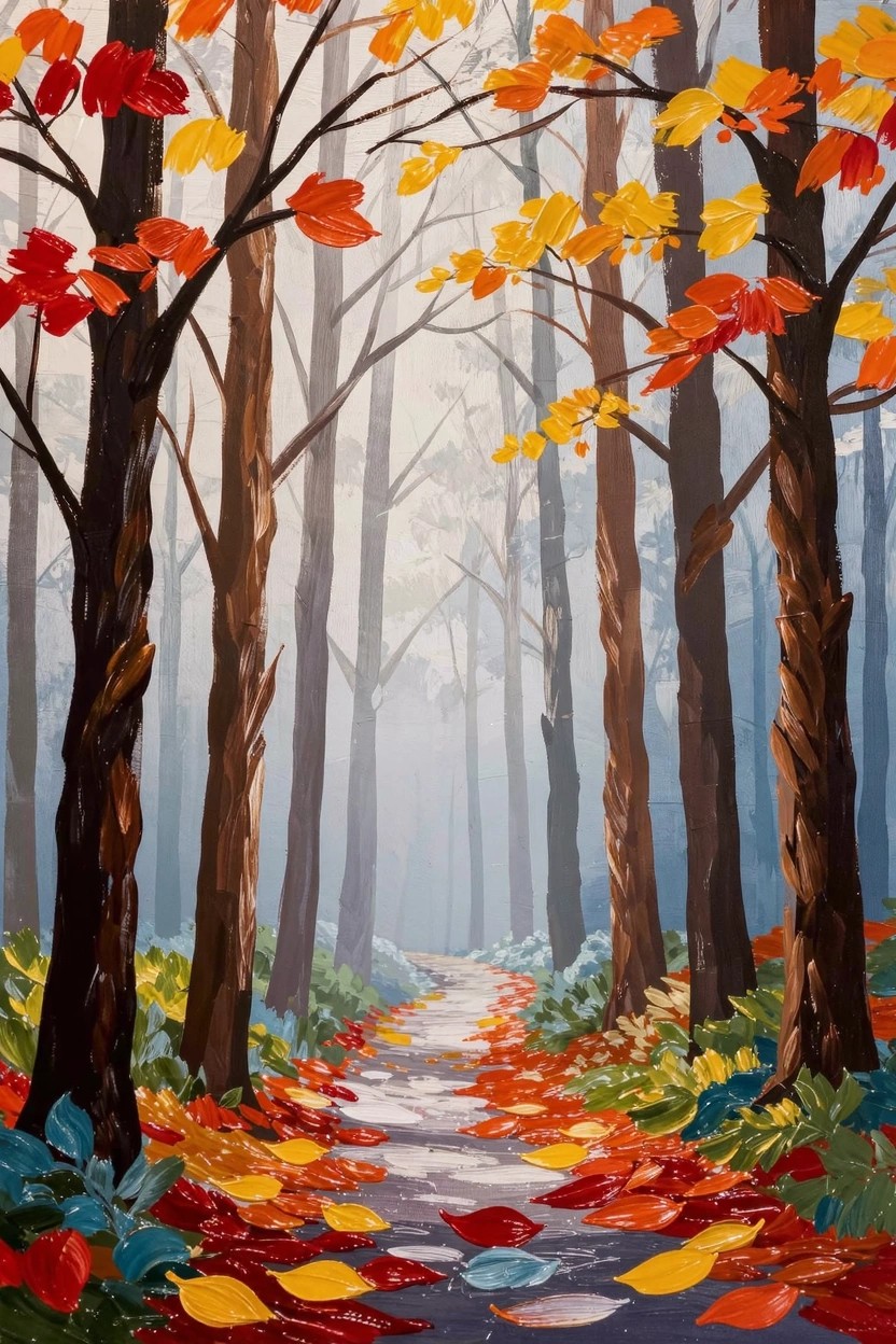 Acrylic painting of a misty forest path covered in colorful autumn leaves, flanked by tall trees with red, orange, and yellow foliage.