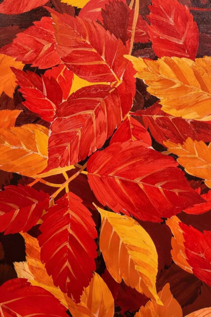 Acrylic painting of clustered overlapping autumn leaves in reds, oranges, and yellows on a dark background.