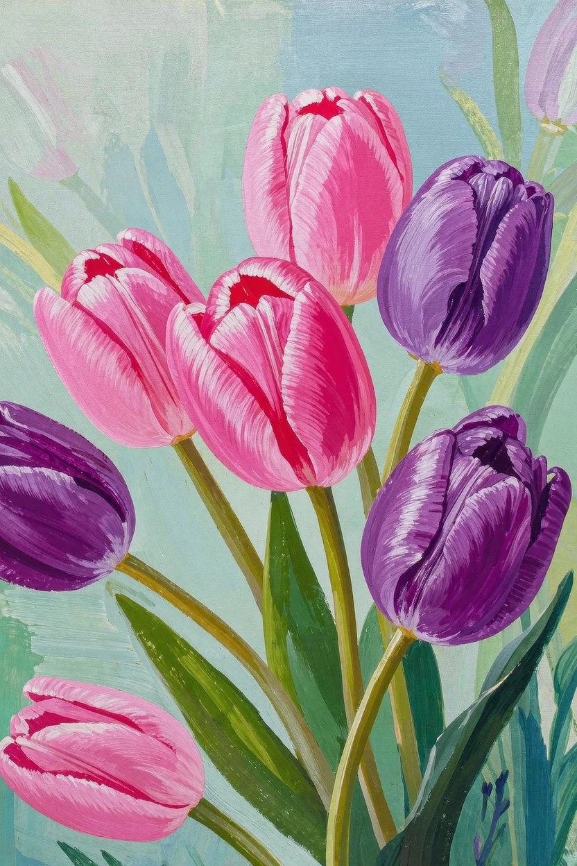 Acrylic painting of clustered pink and purple tulips with green stems and leaves against a light teal background.
