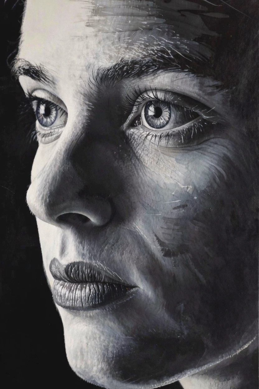 Grayscale acrylic portrait of a woman's face in left profile, with detailed blue eyes, textured skin, and brushstroke hair against a dark background.