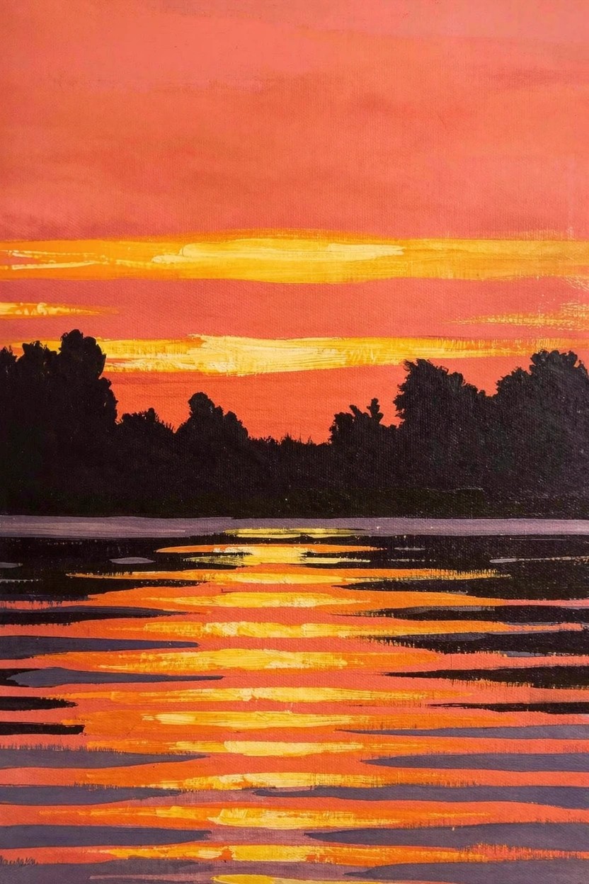 Acrylic painting of an orange-yellow sunset sky reflecting on water with dark silhouetted trees on the horizon.