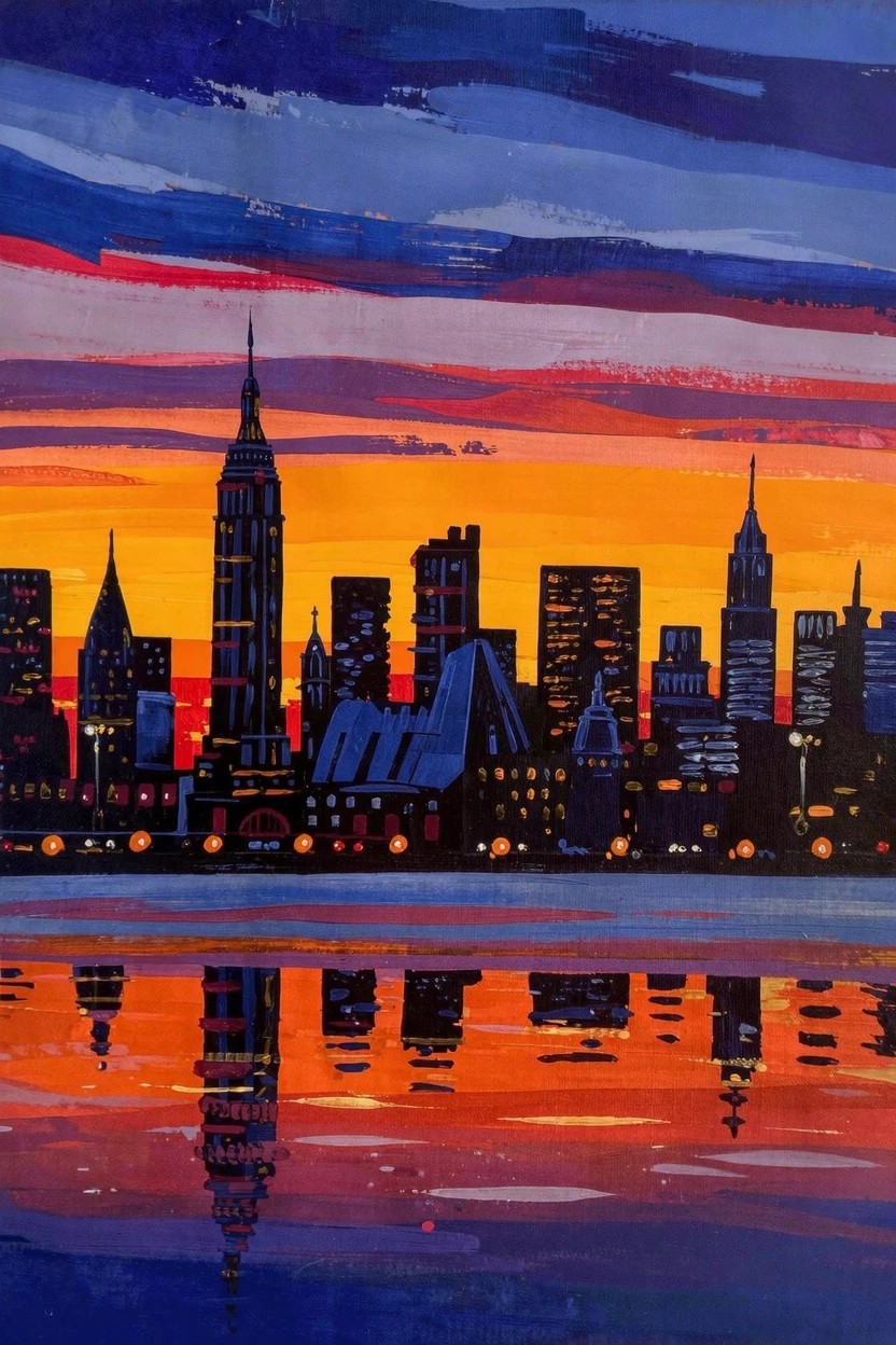 Acrylic painting of black New York City skyline silhouetted against a colorful sunset sky and reflected in blue water.