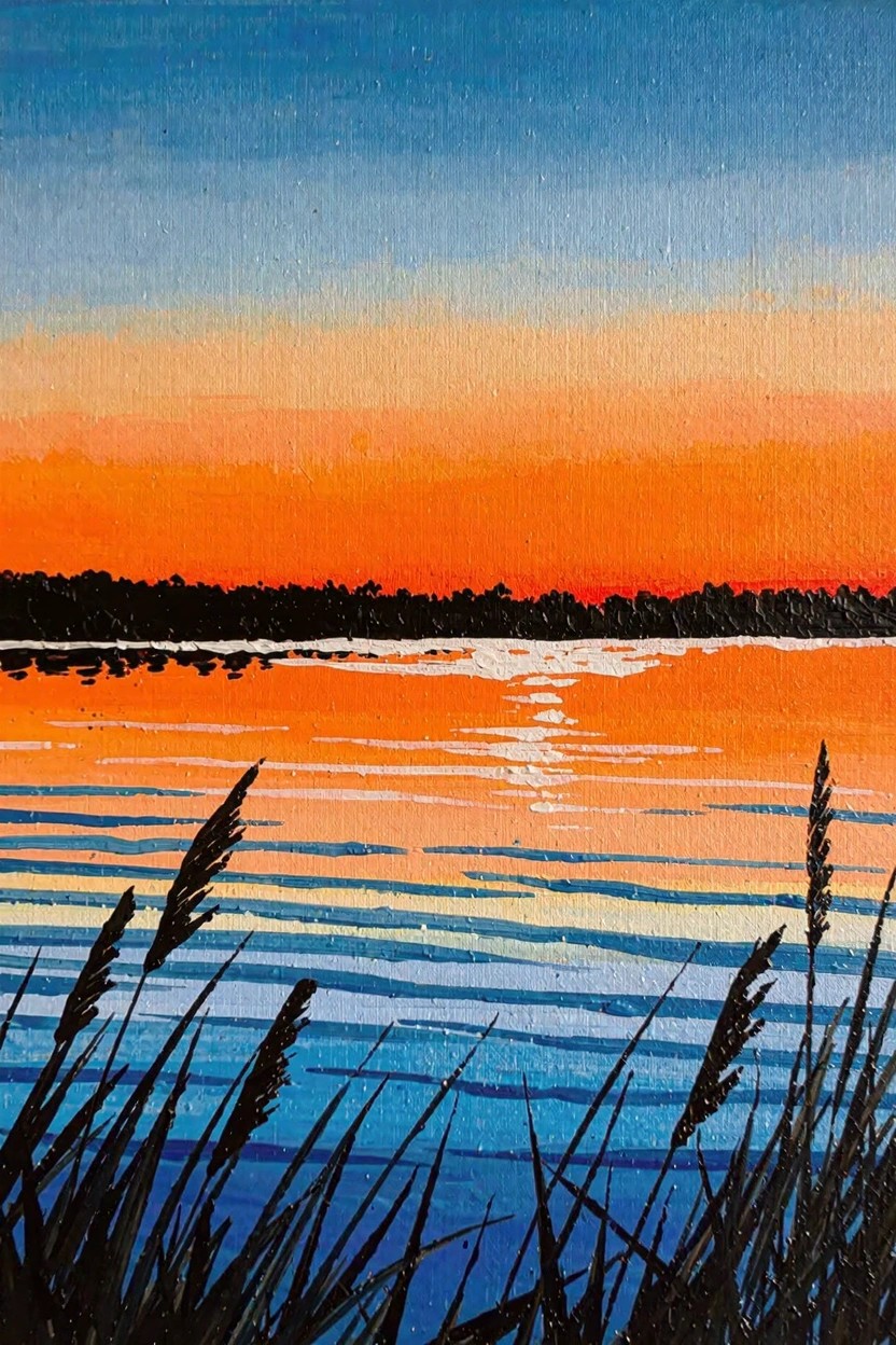 Acrylic painting of orange sunset sky and reflection on water with dark reed silhouettes in blue foreground water.