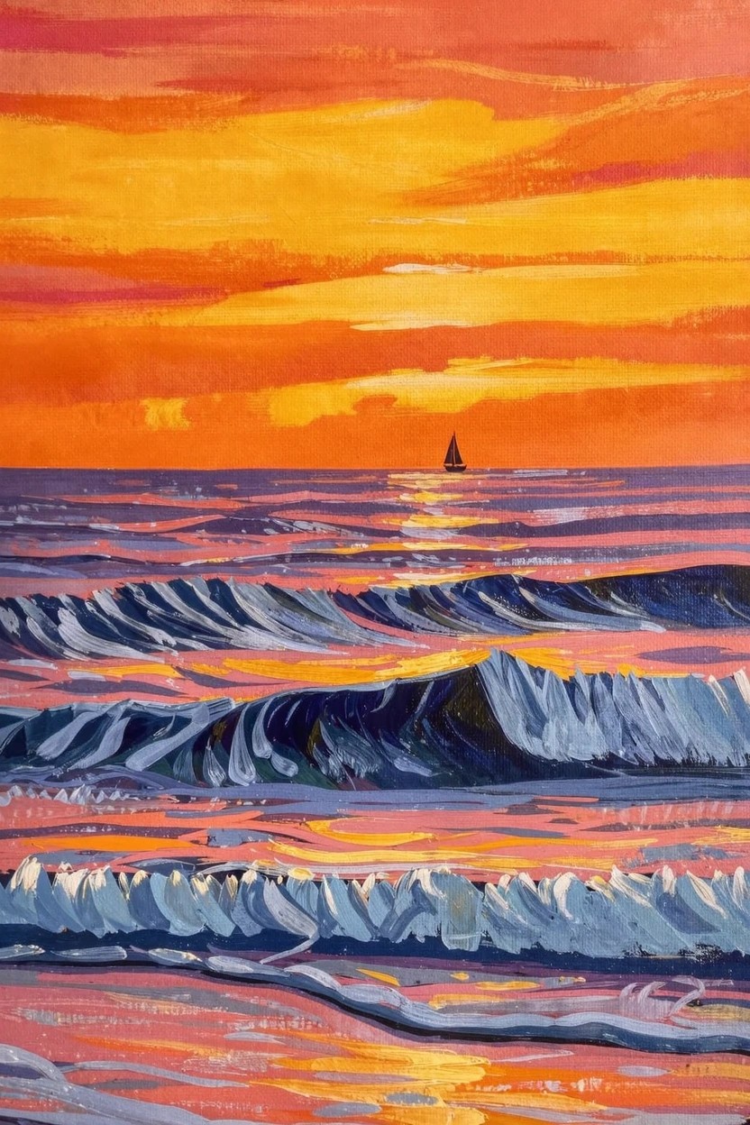 Acrylic painting of an orange sunset sky over ocean waves with a small sailboat on the horizon.