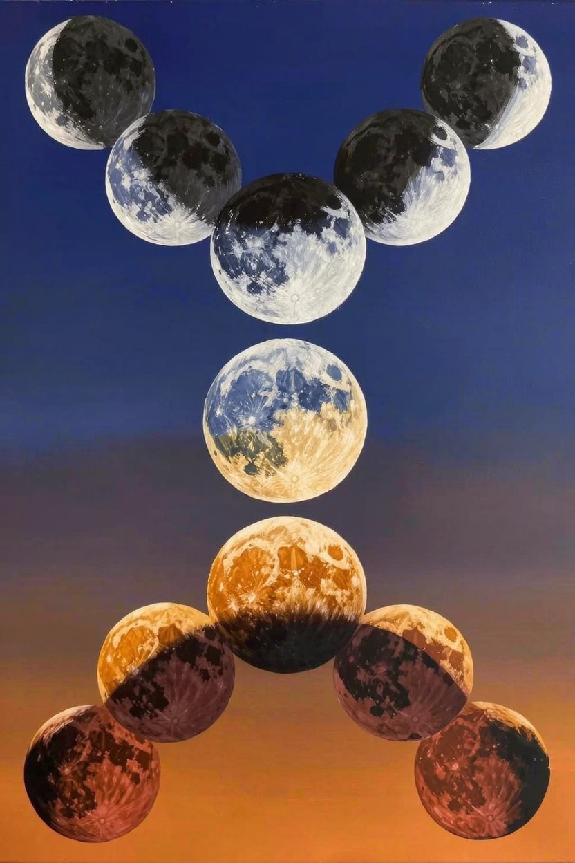 Symmetrical arrangement of moon phases in black, white, and orange forms a stylized human figure on a blue-to-orange gradient background.