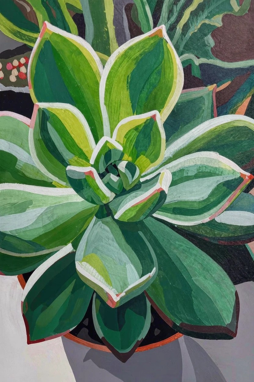 Acrylic painting of a green variegated succulent in a terracotta pot on a gray surface with faint background plants.