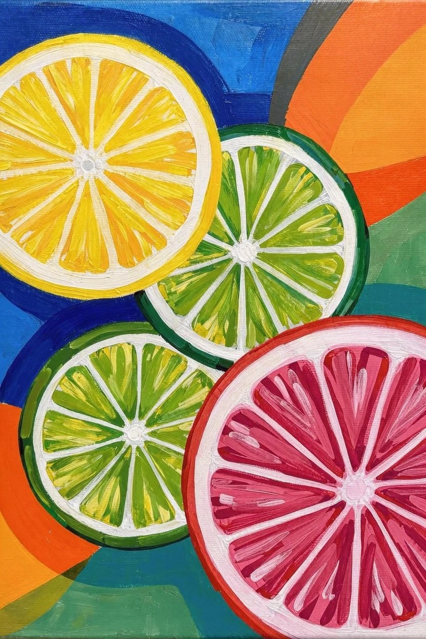 Acrylic painting of overlapping yellow lemon slices, green lime slices, and one pink grapefruit slice against a colorful abstract background of blues, greens, and oranges.
