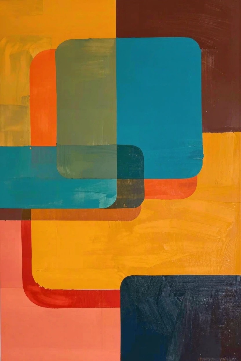 Abstract acrylic painting of overlapping geometric rectangles in yellow, orange, teal, green, brown, red, and pink.
