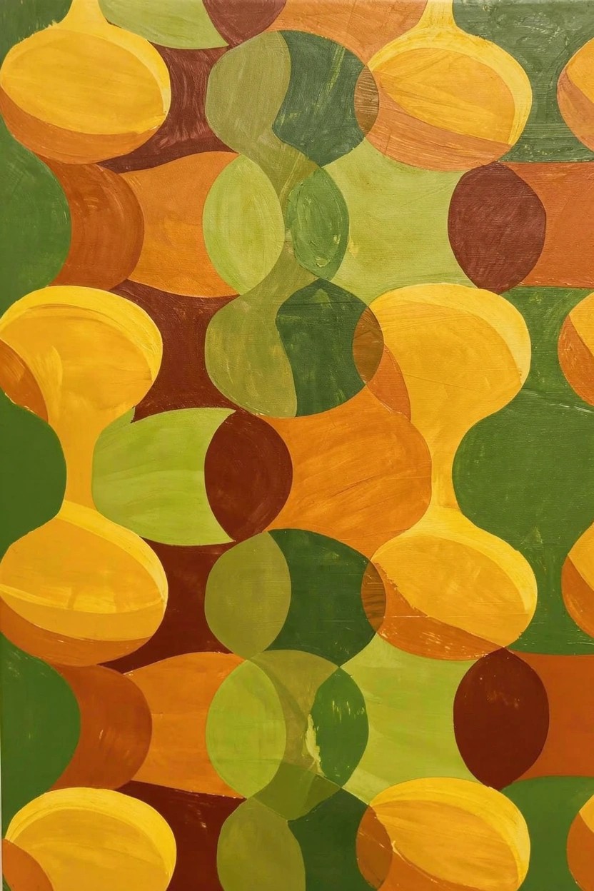Abstract acrylic painting of overlapping ovals and organic shapes in yellow, green, orange, and brown hues.