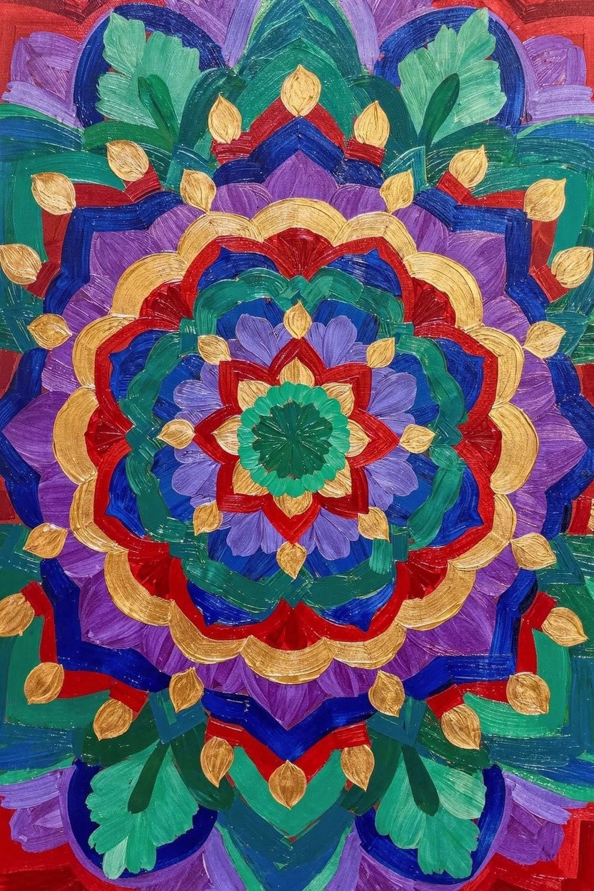 Symmetrical circular mandala acrylic painting with layered purple, green, red, gold, and blue floral shapes radiating from a central green core.